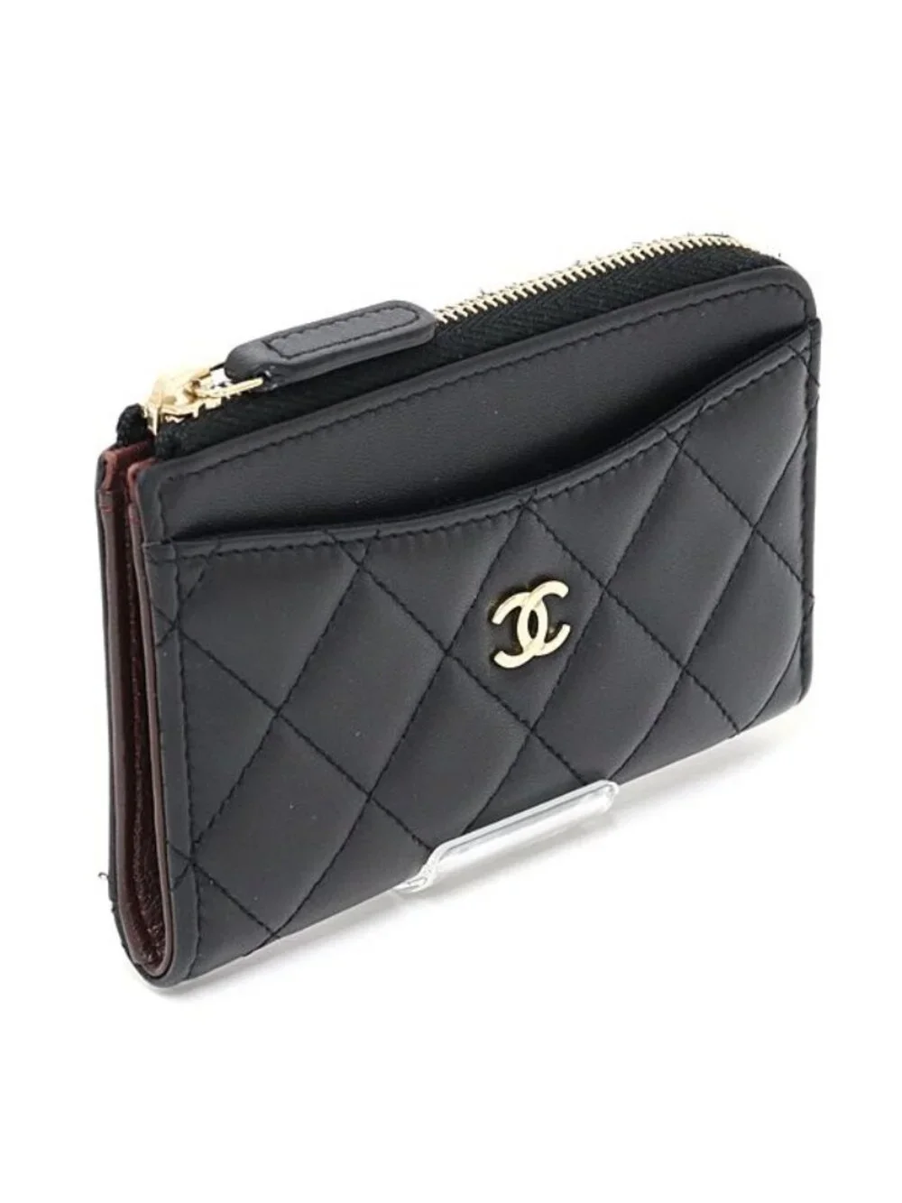 Chanel Zip Card Case Fragment Coin Purse Quilted Lambskin Black